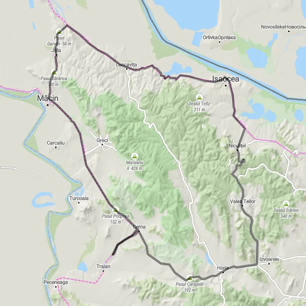 Map miniature of "The Niculițel Challenge" cycling inspiration in Sud-Est, Romania. Generated by Tarmacs.app cycling route planner