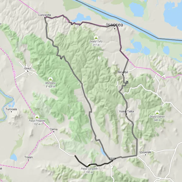 Map miniature of "The Piatra Căcată Adventure" cycling inspiration in Sud-Est, Romania. Generated by Tarmacs.app cycling route planner