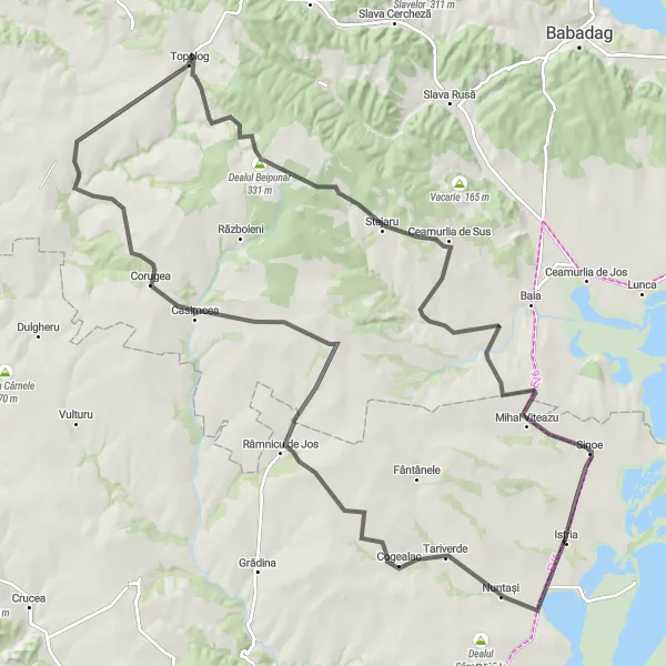 Map miniature of "Road Route from Tariverde to Râmnicu de Sus, Dealul Beipunar, Vasile Alecsandri, and Sinoe" cycling inspiration in Sud-Est, Romania. Generated by Tarmacs.app cycling route planner