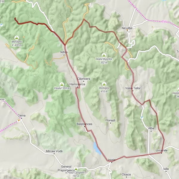 Map miniature of "Caracuș Loop on Gravel" cycling inspiration in Sud-Est, Romania. Generated by Tarmacs.app cycling route planner