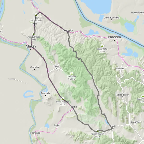 Map miniature of "From Jijila to Măcin" cycling inspiration in Sud-Est, Romania. Generated by Tarmacs.app cycling route planner