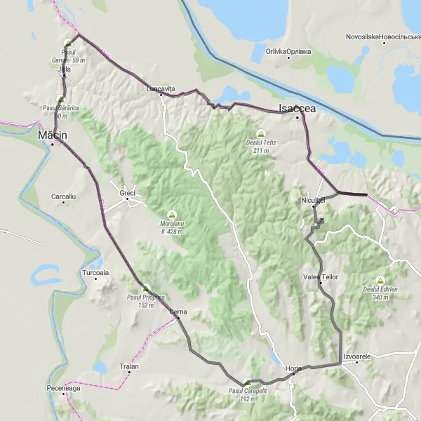 Map miniature of "Ultimate Challenge: Jijila to Măcin" cycling inspiration in Sud-Est, Romania. Generated by Tarmacs.app cycling route planner