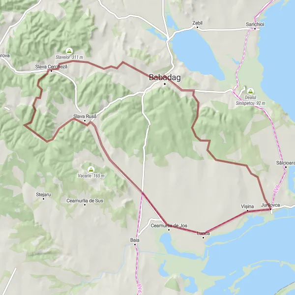 Map miniature of "Thrilling Gravel Adventure to Slava Rusă" cycling inspiration in Sud-Est, Romania. Generated by Tarmacs.app cycling route planner