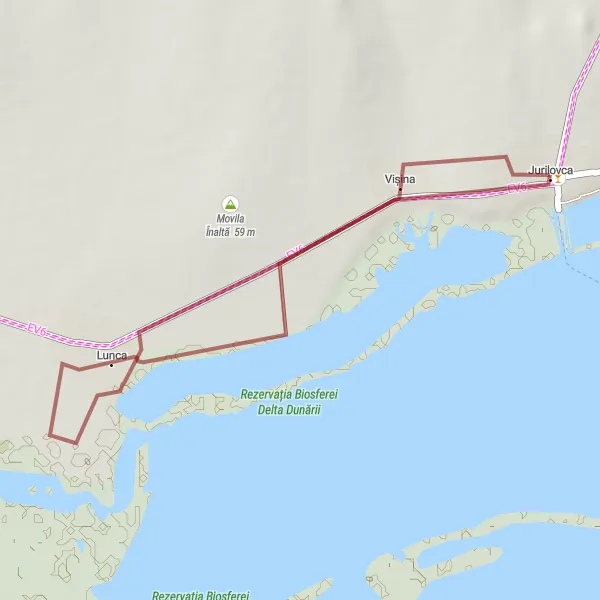 Map miniature of "Gravel Adventure: Jurilovca and Lunca Exploration" cycling inspiration in Sud-Est, Romania. Generated by Tarmacs.app cycling route planner