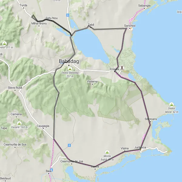 Map miniature of "Scenic Road Cycling in Babadag" cycling inspiration in Sud-Est, Romania. Generated by Tarmacs.app cycling route planner