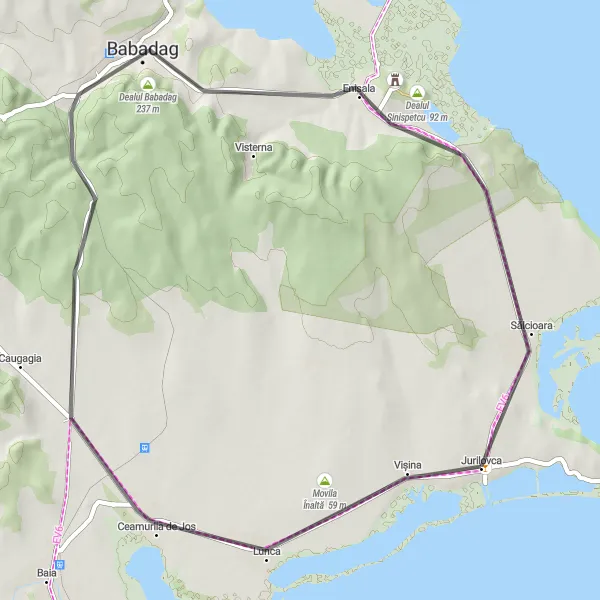 Map miniature of "Baia and Babadag Loop: A Road Cycling Adventure" cycling inspiration in Sud-Est, Romania. Generated by Tarmacs.app cycling route planner