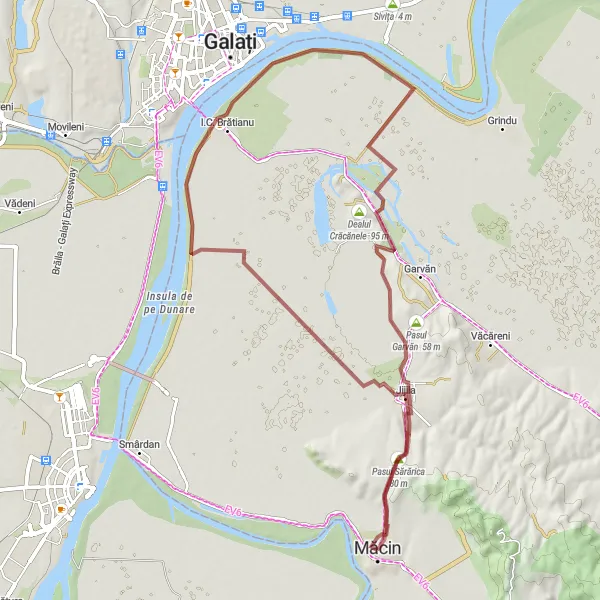 Map miniature of "Cetatea Dinogeția Gravel Route" cycling inspiration in Sud-Est, Romania. Generated by Tarmacs.app cycling route planner