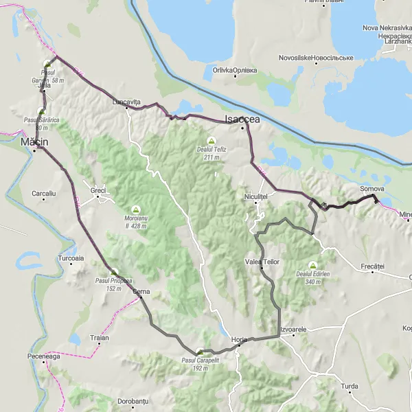 Map miniature of "Carapelit Road Ride" cycling inspiration in Sud-Est, Romania. Generated by Tarmacs.app cycling route planner