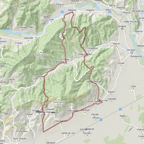 Map miniature of "Gravel Adventure Challenge" cycling inspiration in Sud-Est, Romania. Generated by Tarmacs.app cycling route planner