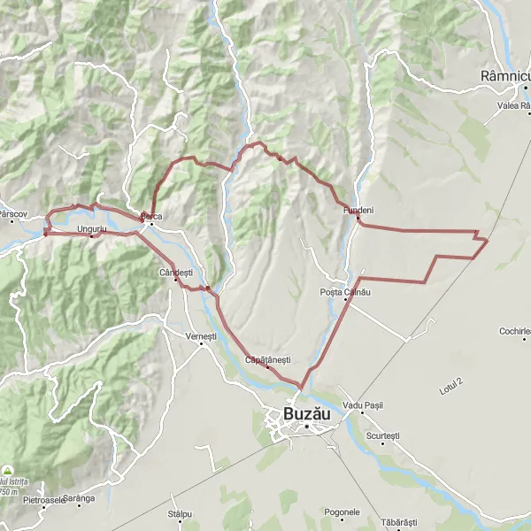 Map miniature of "Gravel Adventure" cycling inspiration in Sud-Est, Romania. Generated by Tarmacs.app cycling route planner