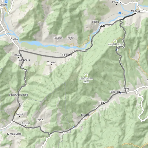 Map miniature of "The Hilly Loop" cycling inspiration in Sud-Est, Romania. Generated by Tarmacs.app cycling route planner