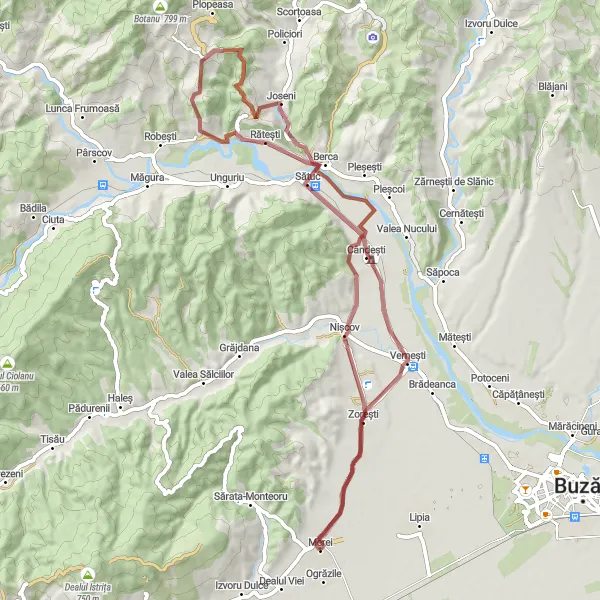 Map miniature of "The Rătești Gravel Excursion" cycling inspiration in Sud-Est, Romania. Generated by Tarmacs.app cycling route planner