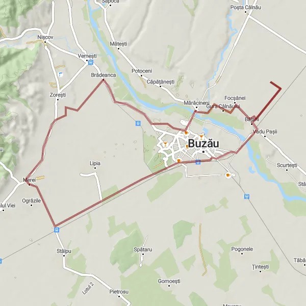 Map miniature of "The Buzău Wild Gravel Adventure" cycling inspiration in Sud-Est, Romania. Generated by Tarmacs.app cycling route planner