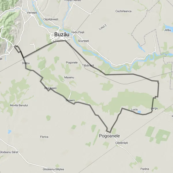 Map miniature of "Bike route through Buzău" cycling inspiration in Sud-Est, Romania. Generated by Tarmacs.app cycling route planner