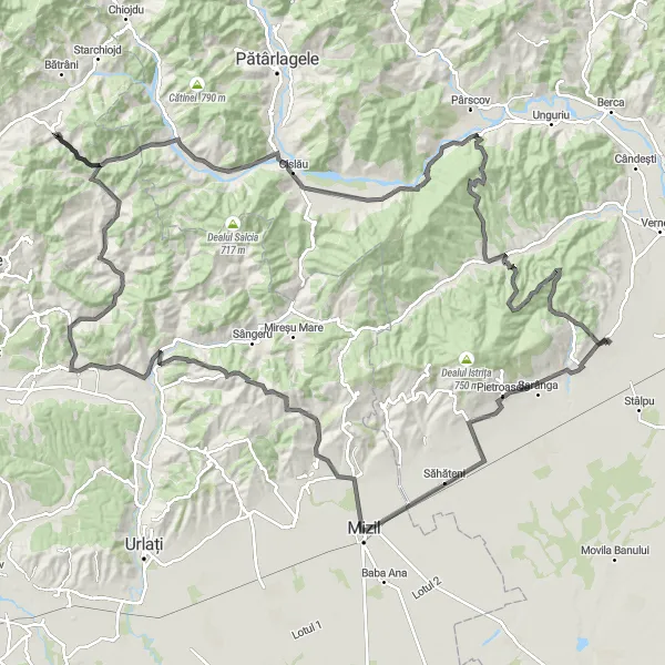 Map miniature of "The Clondiru de Sus Road Trip" cycling inspiration in Sud-Est, Romania. Generated by Tarmacs.app cycling route planner