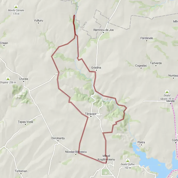 Map miniature of "The Gravel Escape" cycling inspiration in Sud-Est, Romania. Generated by Tarmacs.app cycling route planner