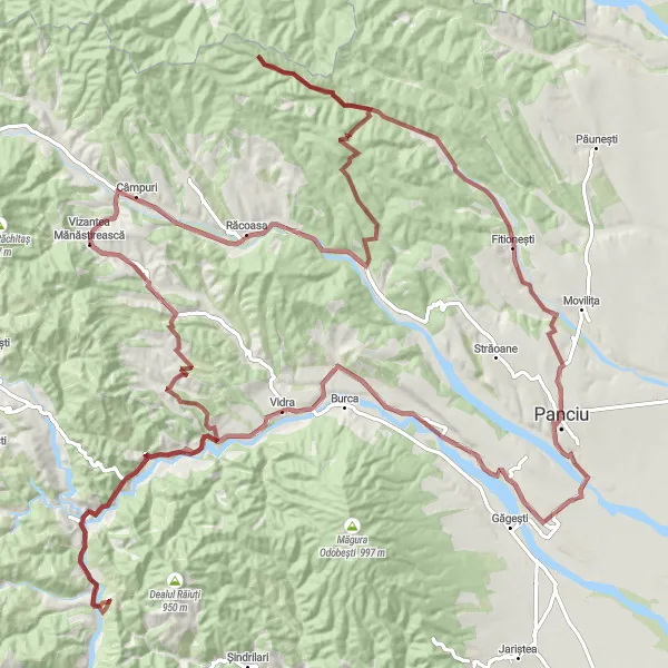 Map miniature of "Năruja - Prisaca - Gravel Adventure Through the Heart of Sud-Est" cycling inspiration in Sud-Est, Romania. Generated by Tarmacs.app cycling route planner