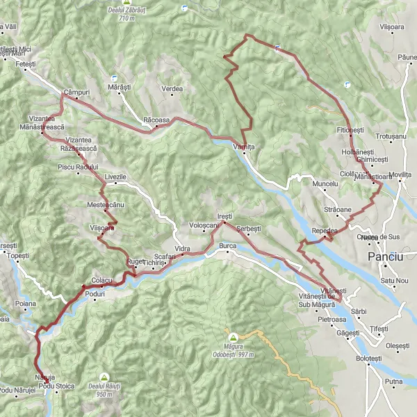 Map miniature of "Sud-Est Gravel Escape: Năruja - Răcoasa - Discover Hidden Gems" cycling inspiration in Sud-Est, Romania. Generated by Tarmacs.app cycling route planner