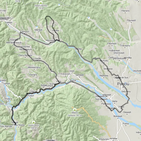 Map miniature of "Năruja - Prisaca - Discover the Vineyards of Sud-Est" cycling inspiration in Sud-Est, Romania. Generated by Tarmacs.app cycling route planner