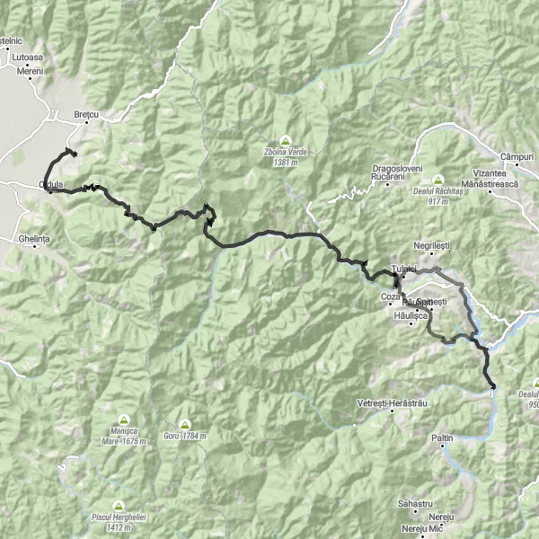 Map miniature of "The Breathtaking Oituz Izvor Loop" cycling inspiration in Sud-Est, Romania. Generated by Tarmacs.app cycling route planner