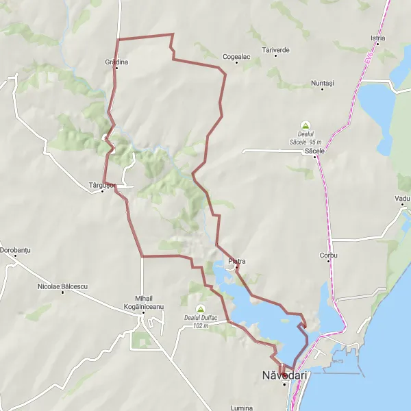 Map miniature of "Sitorman Hilly Gravel Route" cycling inspiration in Sud-Est, Romania. Generated by Tarmacs.app cycling route planner