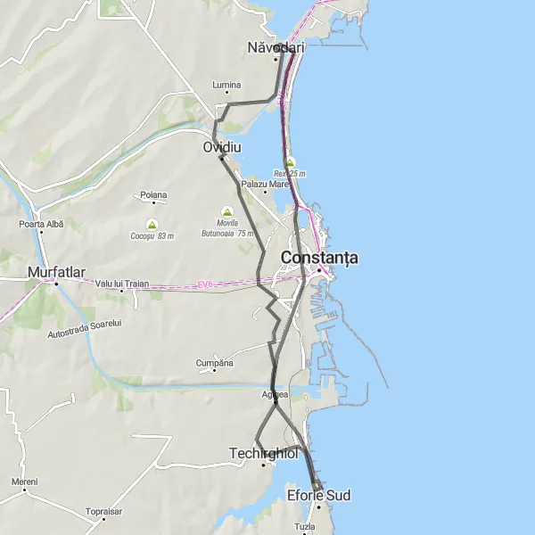 Map miniature of "Coastal Loop to Ovidiu and Rex" cycling inspiration in Sud-Est, Romania. Generated by Tarmacs.app cycling route planner