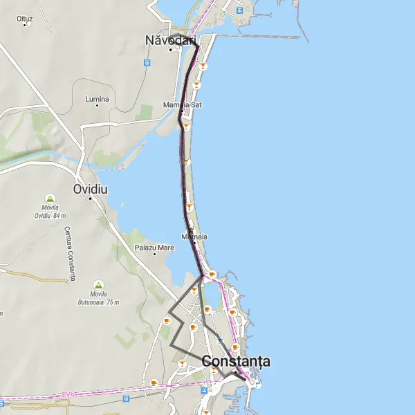 Map miniature of "Beach Loop to Mamaia-Sat and Rex" cycling inspiration in Sud-Est, Romania. Generated by Tarmacs.app cycling route planner