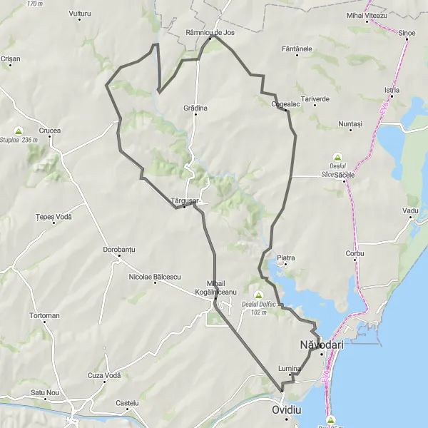 Map miniature of "Coastal Road Adventure" cycling inspiration in Sud-Est, Romania. Generated by Tarmacs.app cycling route planner