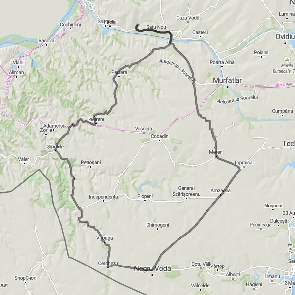 Map miniature of "The Black Throne Expedition" cycling inspiration in Sud-Est, Romania. Generated by Tarmacs.app cycling route planner