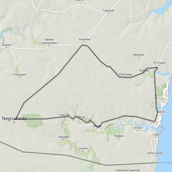 Map miniature of "Negru Vodă Countryside Road Cycling Route" cycling inspiration in Sud-Est, Romania. Generated by Tarmacs.app cycling route planner