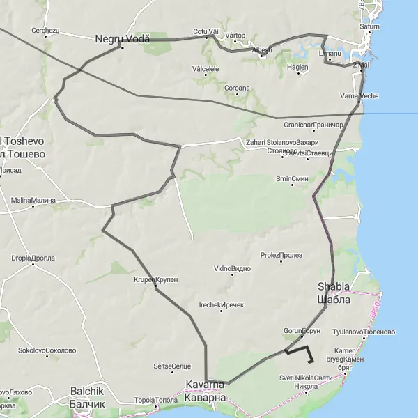 Map miniature of "Negru Vodă Coastal Road Cycling Route" cycling inspiration in Sud-Est, Romania. Generated by Tarmacs.app cycling route planner