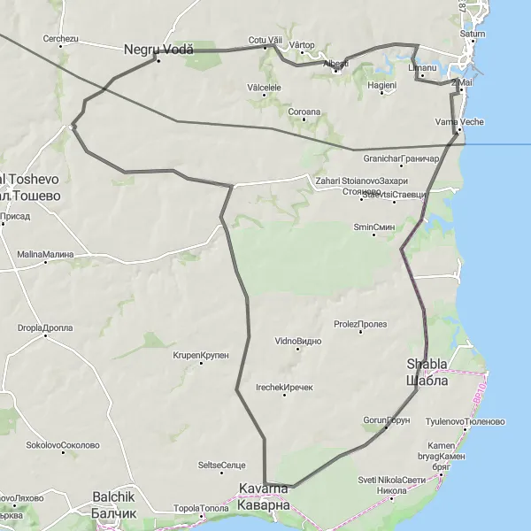 Map miniature of "Negru Vodă Circular Road Cycling Route" cycling inspiration in Sud-Est, Romania. Generated by Tarmacs.app cycling route planner