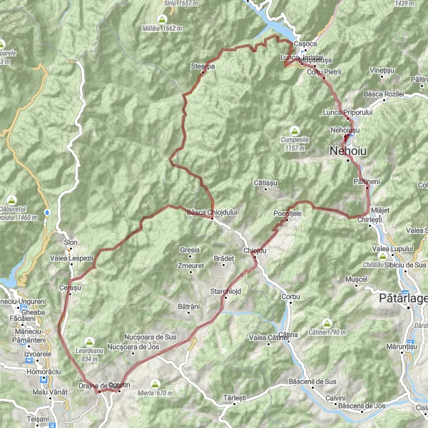 Map miniature of "Nehoiu to Colțu Pietrii Circular Gravel Adventure" cycling inspiration in Sud-Est, Romania. Generated by Tarmacs.app cycling route planner