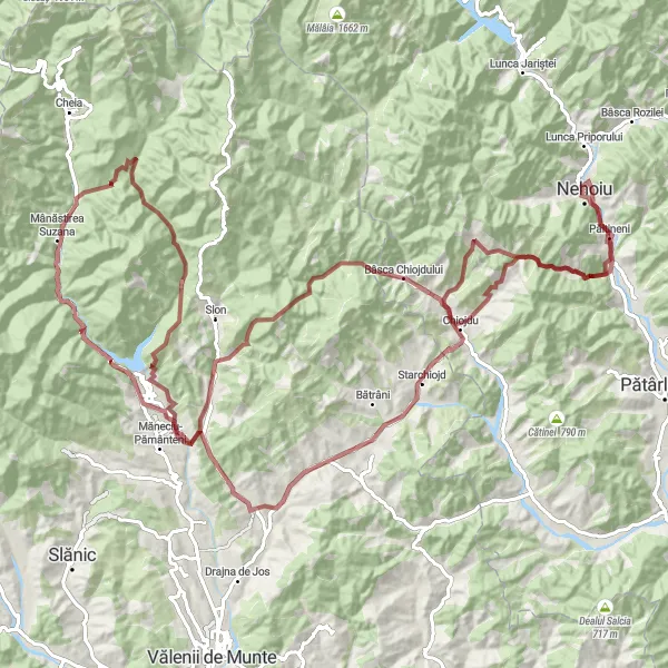 Map miniature of "Nehoiu to Chiciureni Gravel Adventure" cycling inspiration in Sud-Est, Romania. Generated by Tarmacs.app cycling route planner