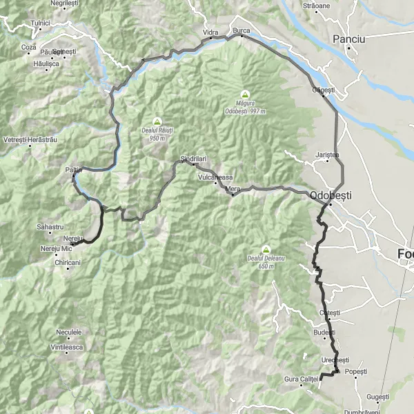 Map miniature of "Bonțești Road Expedition" cycling inspiration in Sud-Est, Romania. Generated by Tarmacs.app cycling route planner