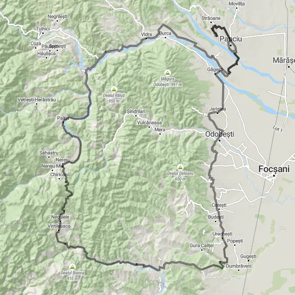 Map miniature of "Road Route to Crucea de Jos and Prahuda" cycling inspiration in Sud-Est, Romania. Generated by Tarmacs.app cycling route planner