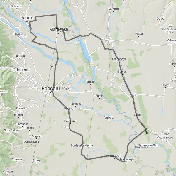 Map miniature of "The Scenic Road Escape" cycling inspiration in Sud-Est, Romania. Generated by Tarmacs.app cycling route planner