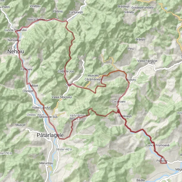 Map miniature of "Exploring the Hilly Gravel Roads near Pârscov" cycling inspiration in Sud-Est, Romania. Generated by Tarmacs.app cycling route planner