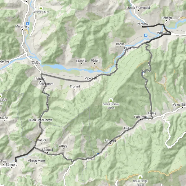 Map miniature of "Scenic Road Loop Around Pârscov" cycling inspiration in Sud-Est, Romania. Generated by Tarmacs.app cycling route planner