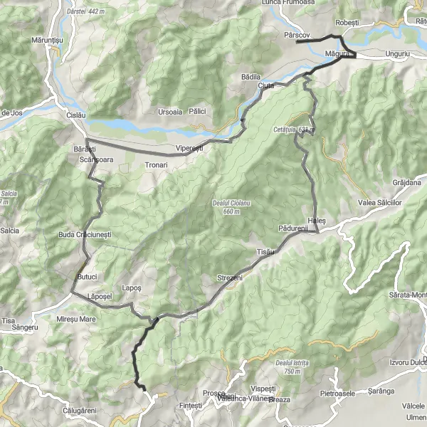 Map miniature of "Road Cycling Adventure With Spectacular Views near Pârscov" cycling inspiration in Sud-Est, Romania. Generated by Tarmacs.app cycling route planner