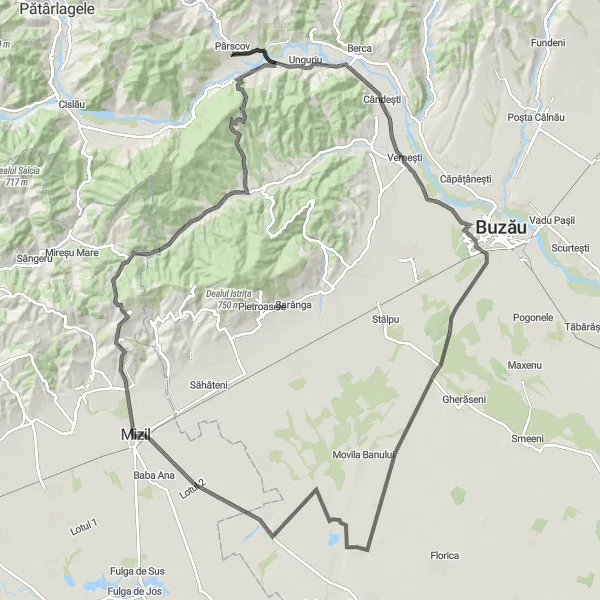 Map miniature of "Limpeziș and Cetățuia" cycling inspiration in Sud-Est, Romania. Generated by Tarmacs.app cycling route planner