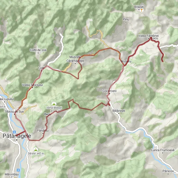 Map miniature of "The Colți Gravel Adventure" cycling inspiration in Sud-Est, Romania. Generated by Tarmacs.app cycling route planner