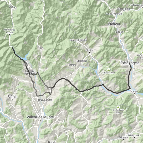 Map miniature of "The Calvini Circuit" cycling inspiration in Sud-Est, Romania. Generated by Tarmacs.app cycling route planner