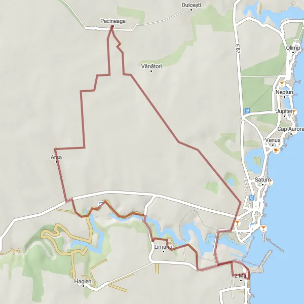 Map miniature of "The Mangalia-Pecineaga Loop" cycling inspiration in Sud-Est, Romania. Generated by Tarmacs.app cycling route planner