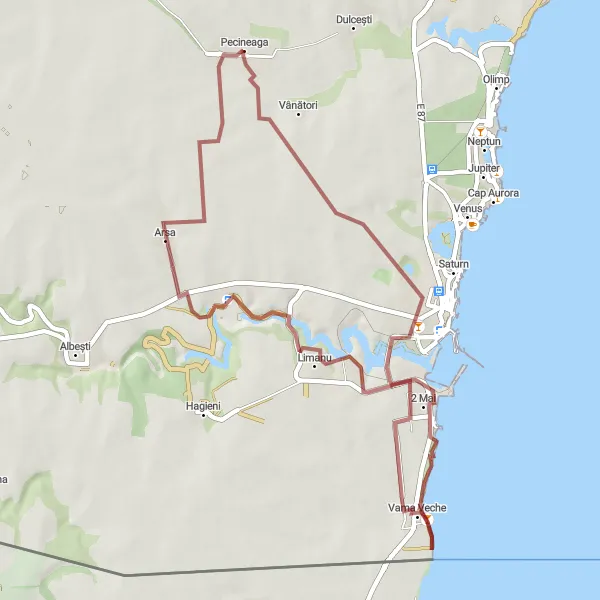 Map miniature of "Mangalia to Pecineaga" cycling inspiration in Sud-Est, Romania. Generated by Tarmacs.app cycling route planner