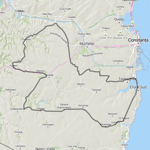 Map miniature of "Road Cycling Route 2" cycling inspiration in Sud-Est, Romania. Generated by Tarmacs.app cycling route planner