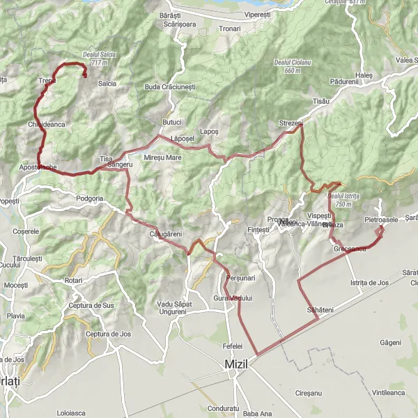 Map miniature of "The Gravel Adventure" cycling inspiration in Sud-Est, Romania. Generated by Tarmacs.app cycling route planner