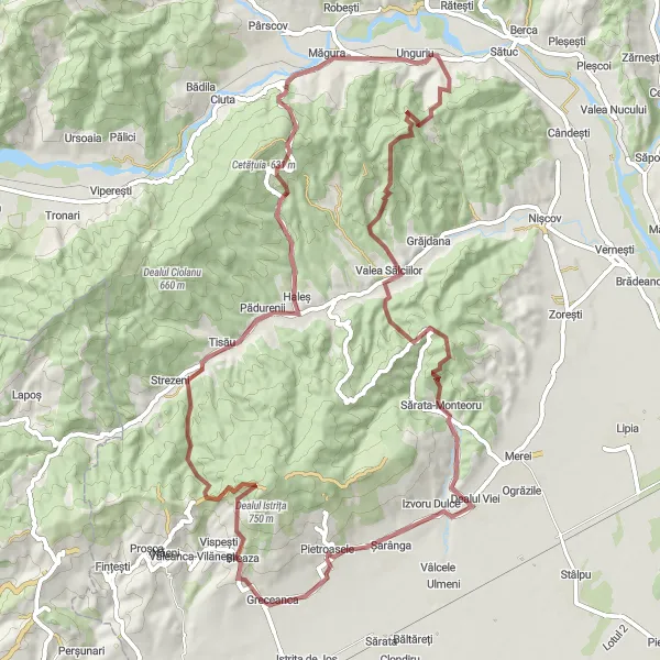 Map miniature of "The Gravel Delight" cycling inspiration in Sud-Est, Romania. Generated by Tarmacs.app cycling route planner