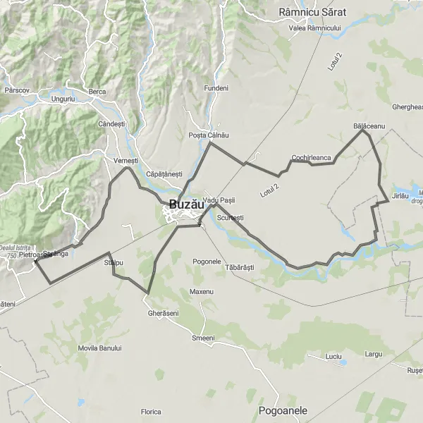 Map miniature of "Pietroasele Countryside Loop" cycling inspiration in Sud-Est, Romania. Generated by Tarmacs.app cycling route planner