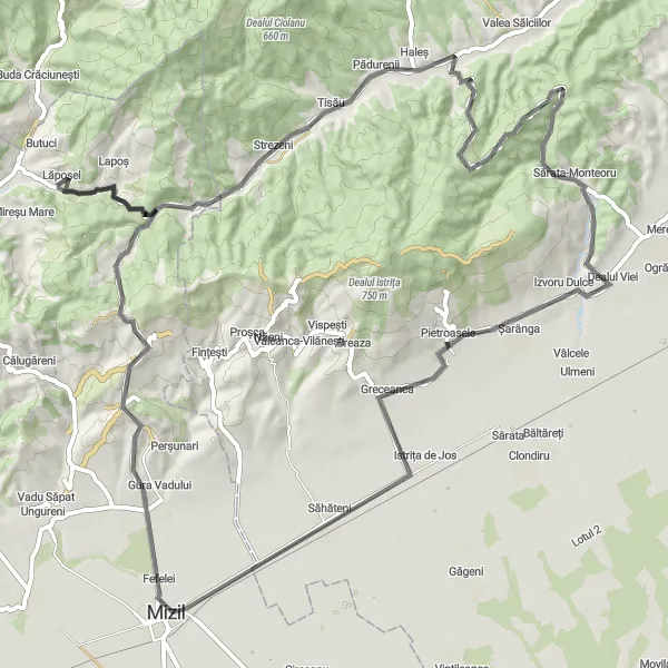 Map miniature of "The Buzau Cycling Adventure" cycling inspiration in Sud-Est, Romania. Generated by Tarmacs.app cycling route planner